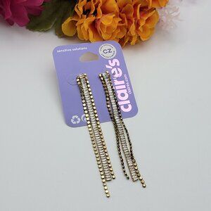 Vtg. Claire's Gold Tone Clear CZ Baguette Long Tassel Tennis Earrings 3.5" New
